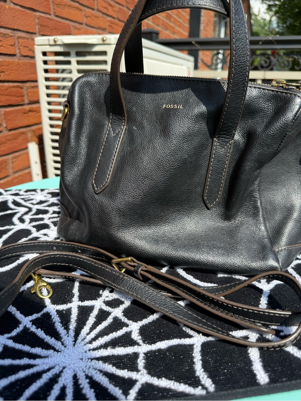 Fossil Black Leather Top-Handle Satchel with Gold Accents